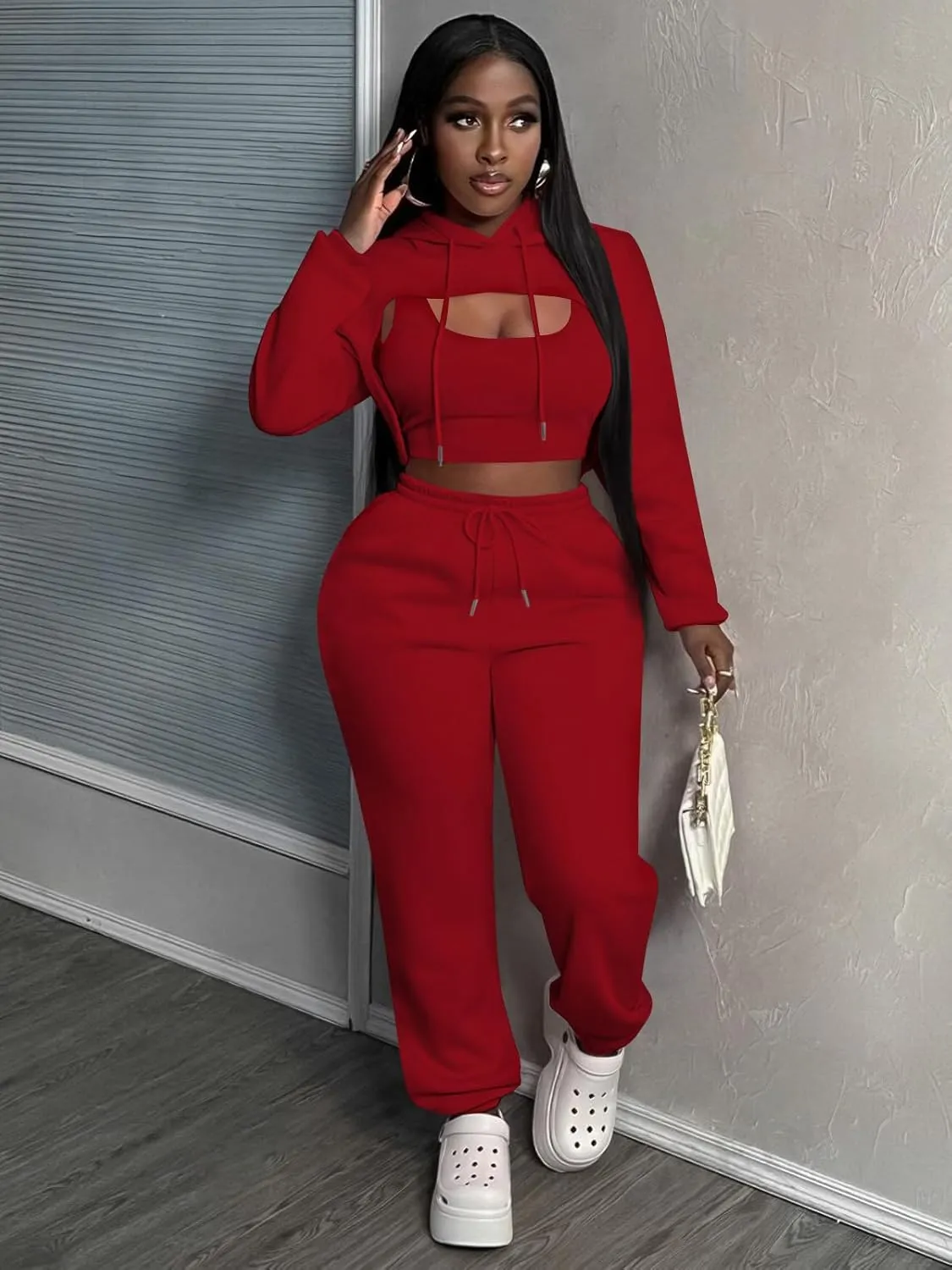 Women 3 Piece Sweatsuit Set Sexy Long Sleeve Pullover Cropped Hoodie Tank Top and Jogger Sweatpants Tracksuit