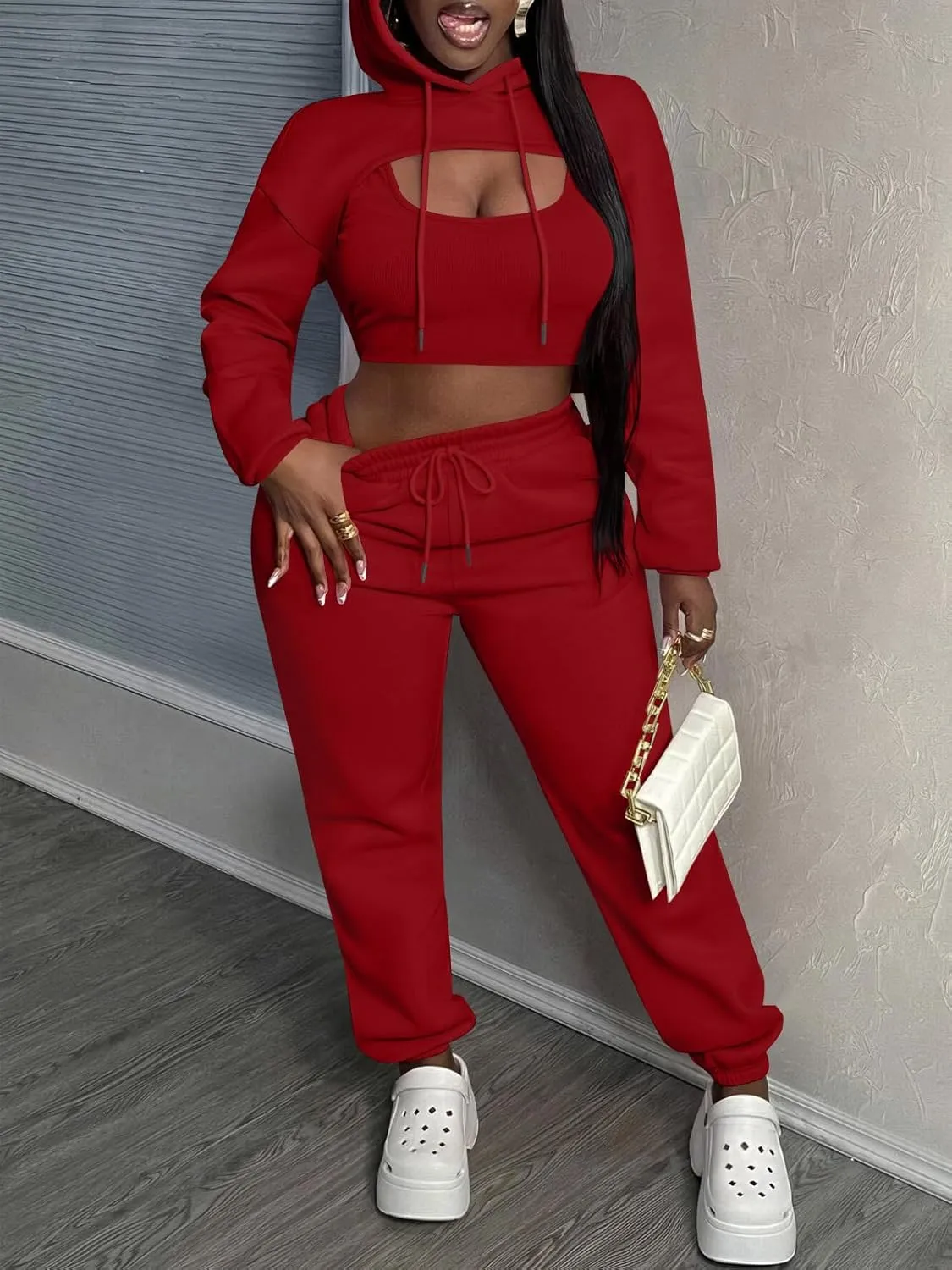 Women 3 Piece Sweatsuit Set Sexy Long Sleeve Pullover Cropped Hoodie Tank Top and Jogger Sweatpants Tracksuit