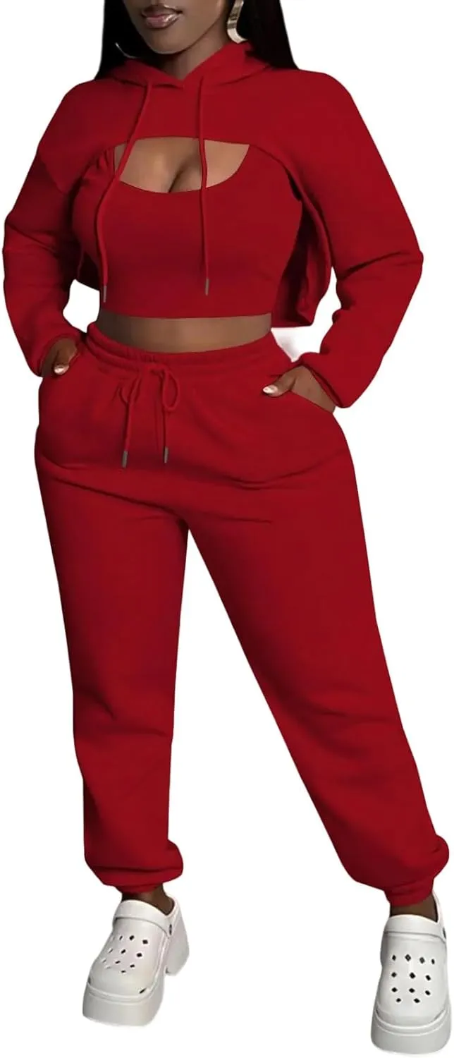 Women 3 Piece Sweatsuit Set Sexy Long Sleeve Pullover Cropped Hoodie Tank Top and Jogger Sweatpants Tracksuit