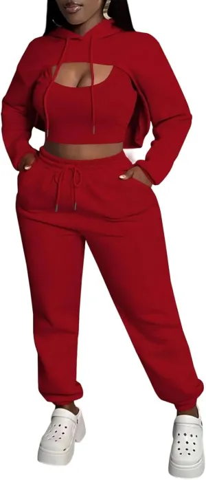 Women 3 Piece Sweatsuit Set Sexy Long Sleeve Pullover Cropped Hoodie Tank Top and Jogger Sweatpants Tracksuit
