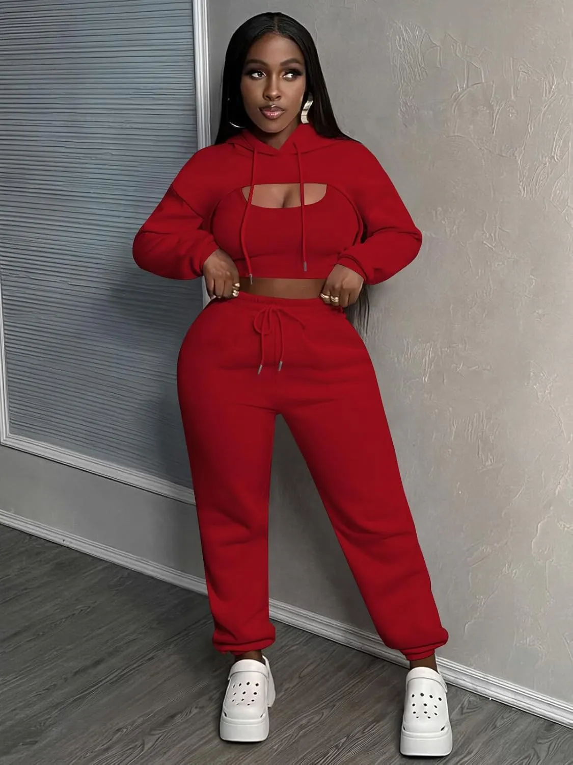 Women 3 Piece Sweatsuit Set Sexy Long Sleeve Pullover Cropped Hoodie Tank Top and Jogger Sweatpants Tracksuit