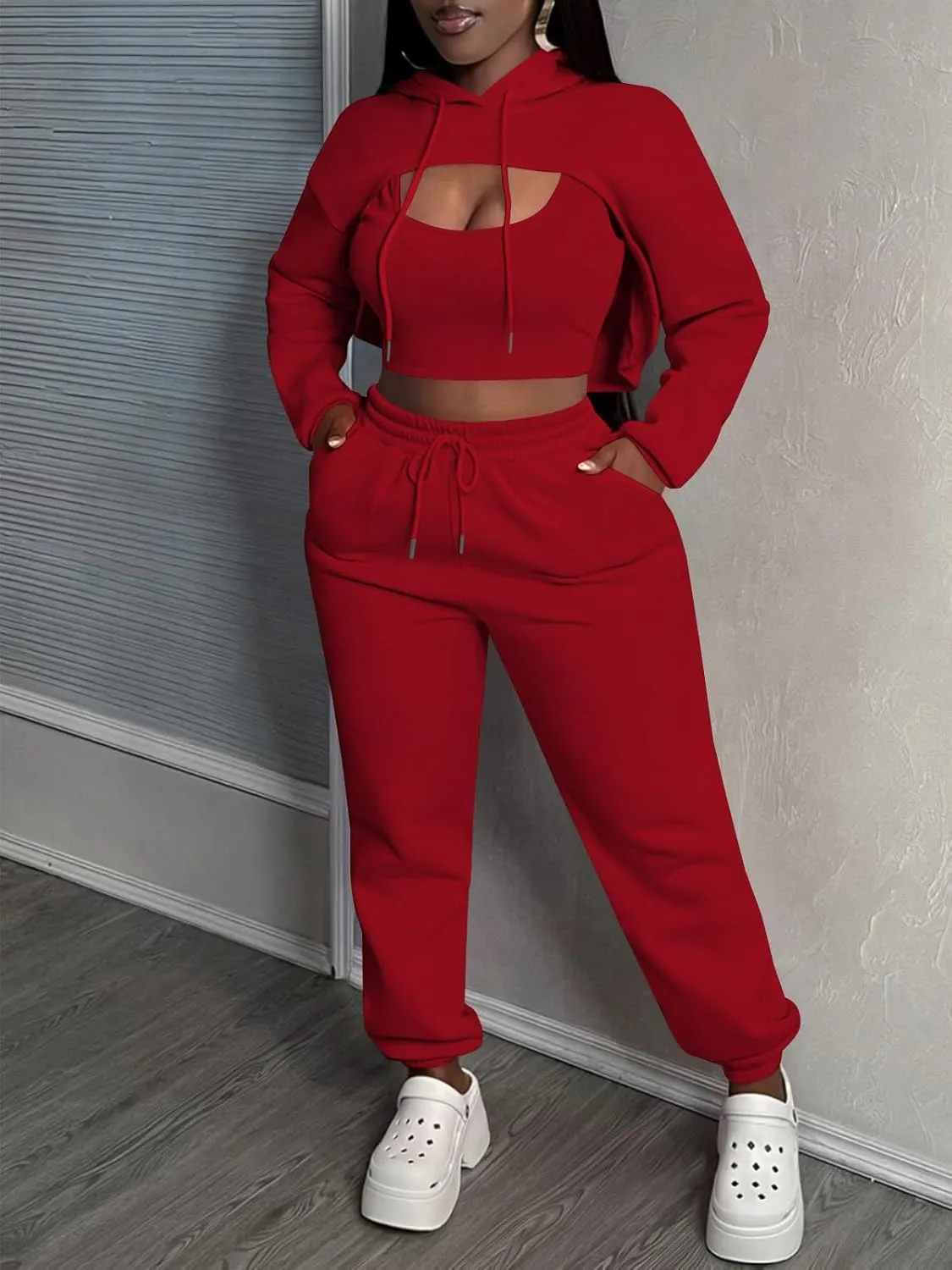 Women 3 Piece Sweatsuit Set Sexy Long Sleeve Pullover Cropped Hoodie Tank Top and Jogger Sweatpants Tracksuit