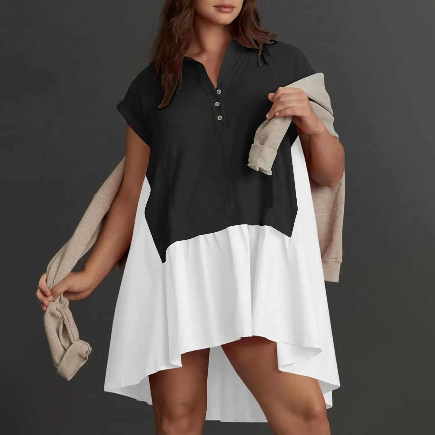 Women Boho Summer Dresses Y2K Patchwork Flowy Ruffle Mini Dress Deep V-Neck Button Casual Floral Beach Sundress