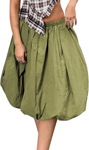 Women Bubble Summer Long Skirt A-Line Casual Solid Elastic Waist Pleated Beach Vacation Club Midi Skirt Streetwear
