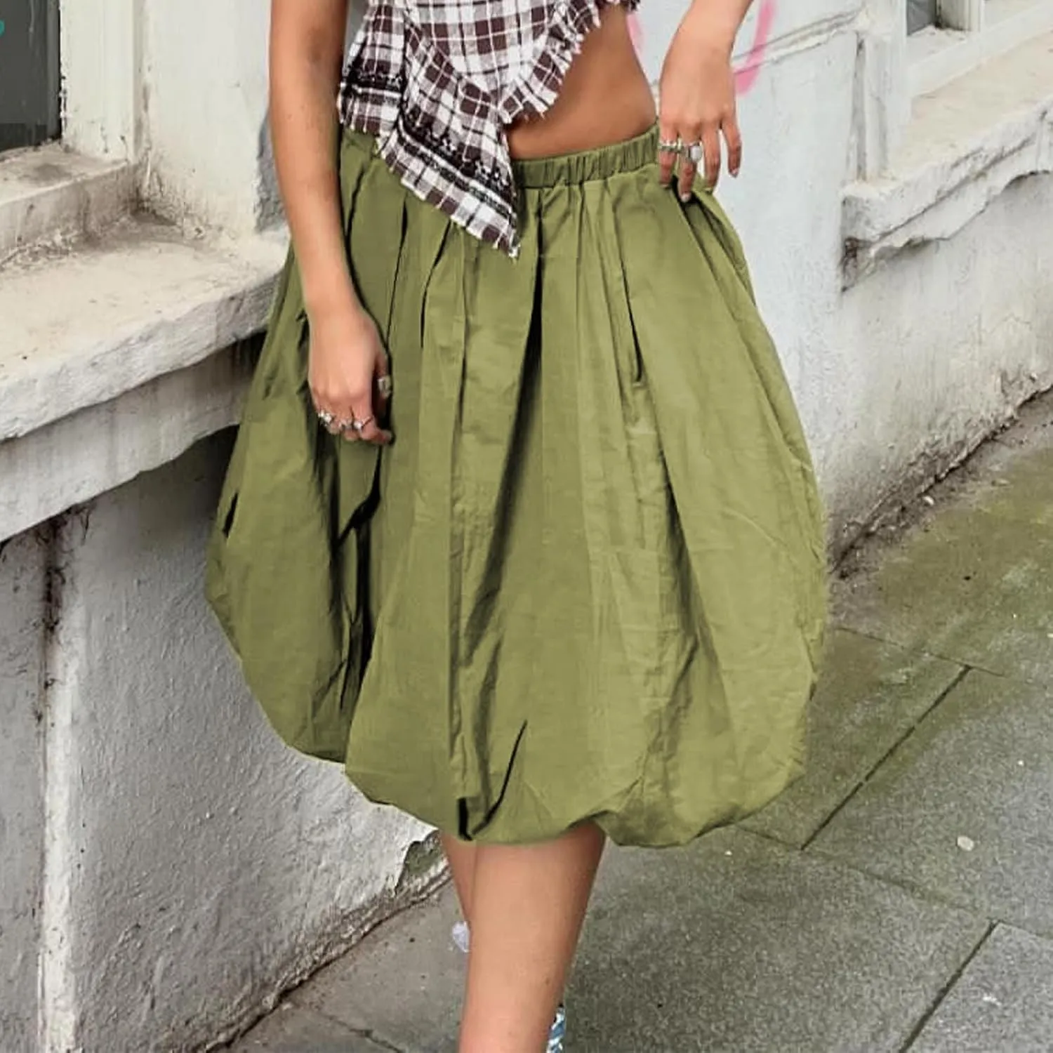 Women Bubble Summer Long Skirt A-Line Casual Solid Elastic Waist Pleated Beach Vacation Club Midi Skirt Streetwear