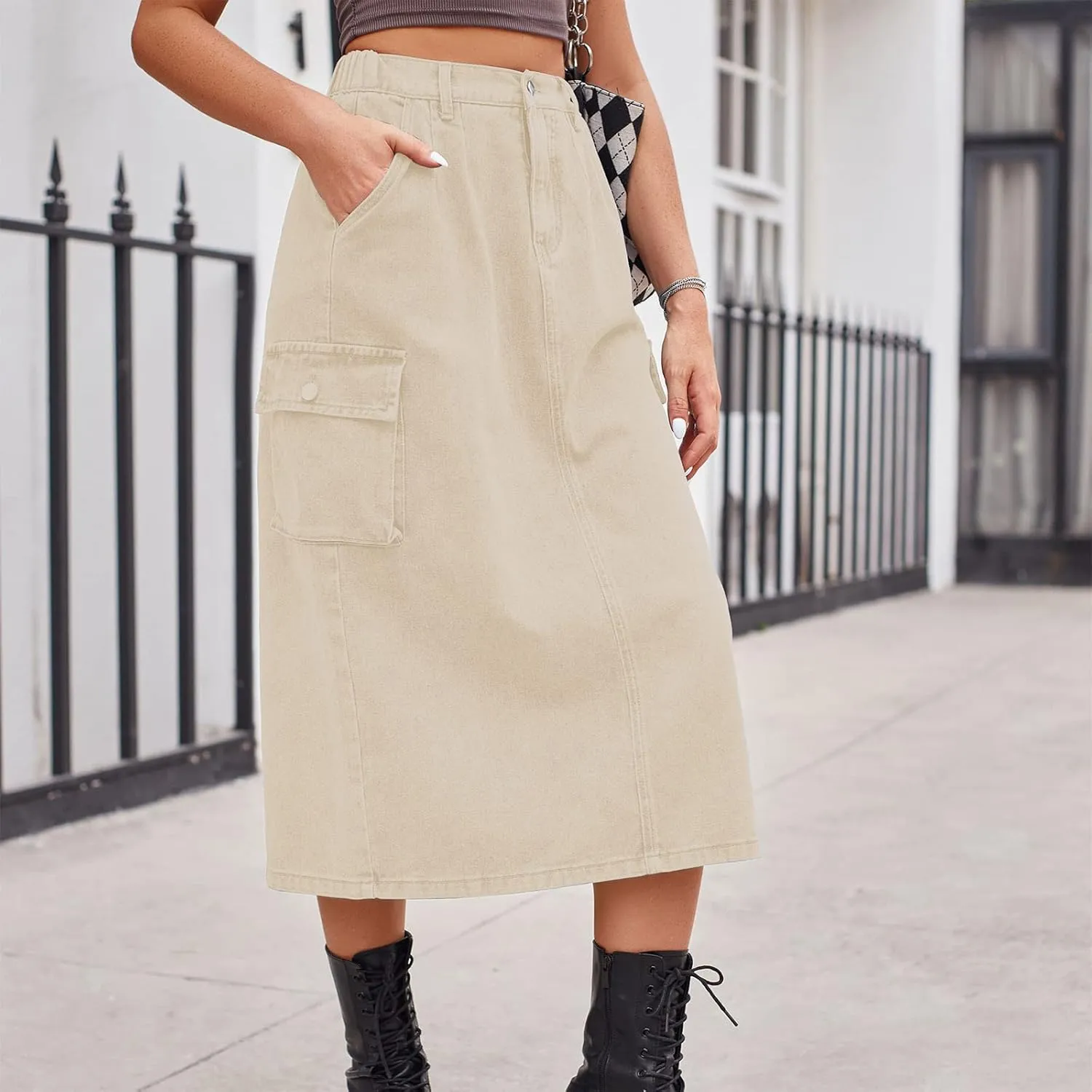 Women Casual Cargo Denim Skirt with Pockets High Waisted Work Button Jeans Dresses Summer Flowy Hem A-line Skirts