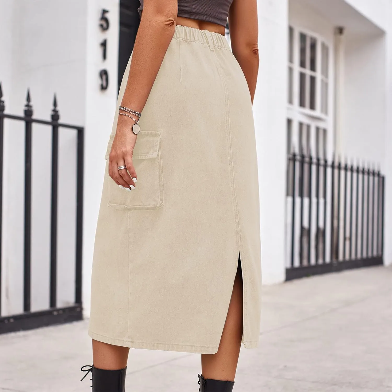 Women Casual Cargo Denim Skirt with Pockets High Waisted Work Button Jeans Dresses Summer Flowy Hem A-line Skirts