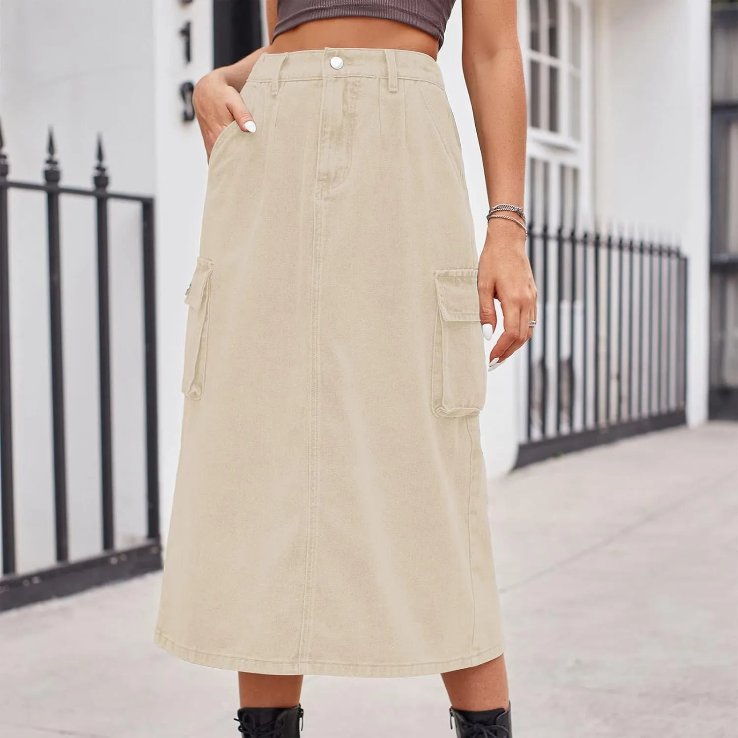 Women Casual Cargo Denim Skirt with Pockets High Waisted Work Button Jeans Dresses Summer Flowy Hem A-line Skirts