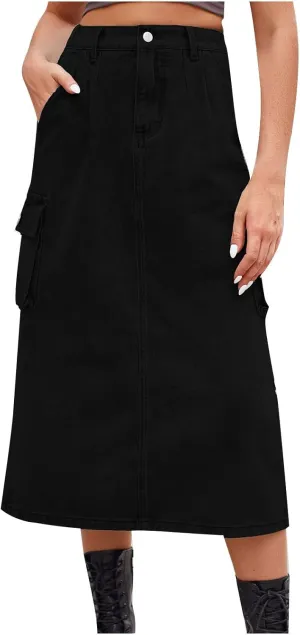 Women Casual Cargo Denim Skirt with Pockets High Waisted Work Button Jeans Dresses Summer Flowy Hem A-line Skirts