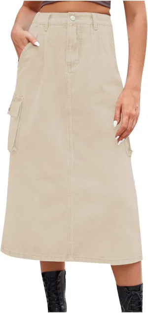 Women Casual Cargo Denim Skirt with Pockets High Waisted Work Button Jeans Dresses Summer Flowy Hem A-line Skirts