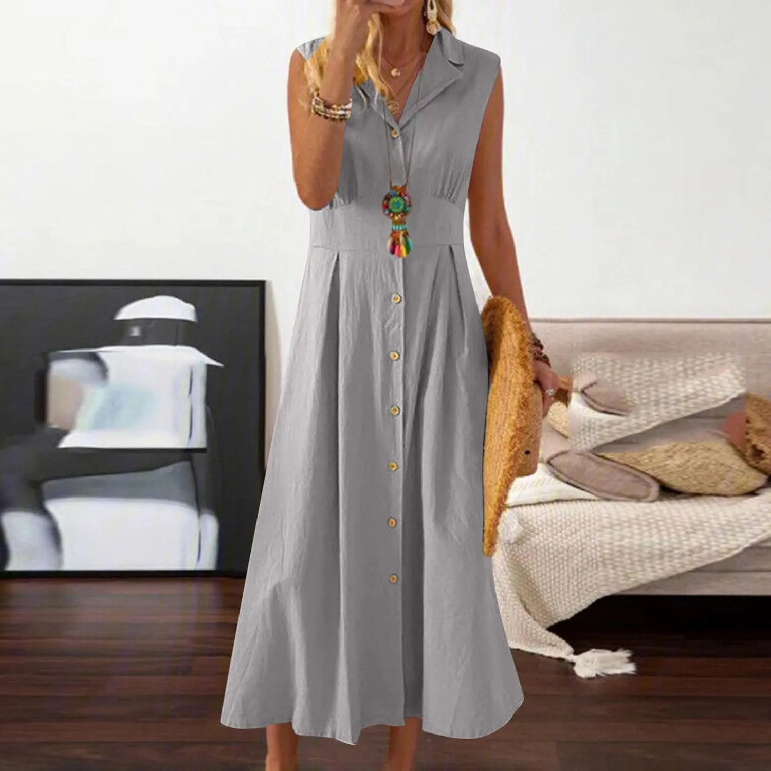 Women Casual Cotton Linen Shirt Dress Summer Sleeveless Button Down A Line Dress V Neck Work Collared Flowy Sundress