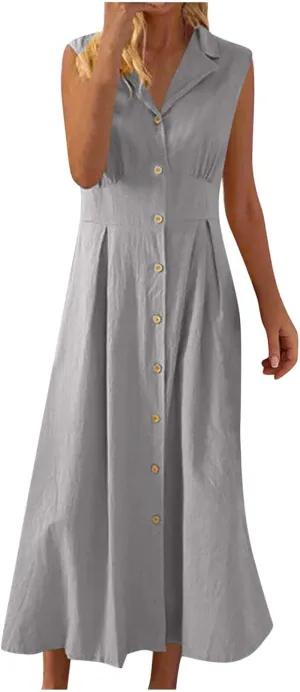 Women Casual Cotton Linen Shirt Dress Summer Sleeveless Button Down A Line Dress V Neck Work Collared Flowy Sundress