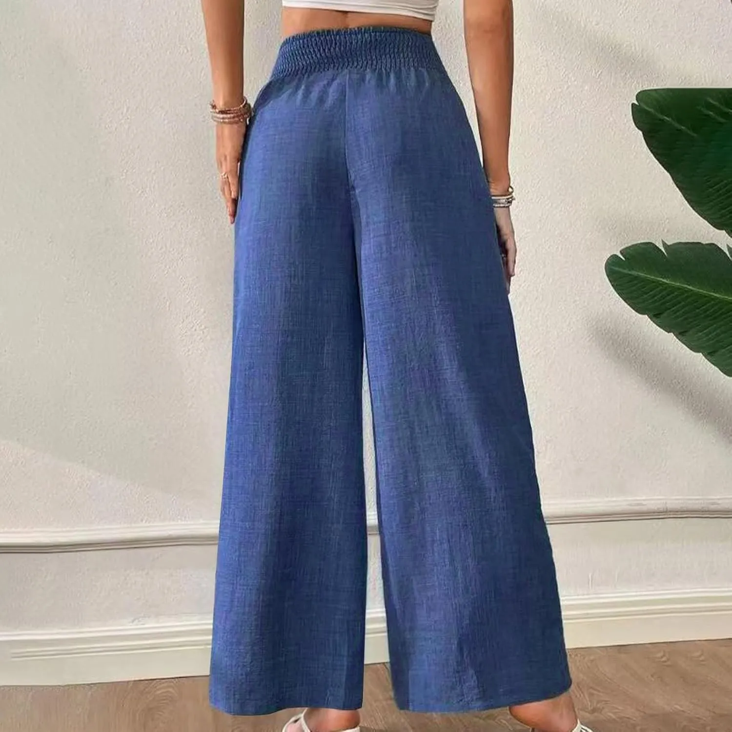 Women Cotton Linen Palazzo Pants High Waist Wide Leg Pants Summer Casual Joggers Elastic Waist Trousers