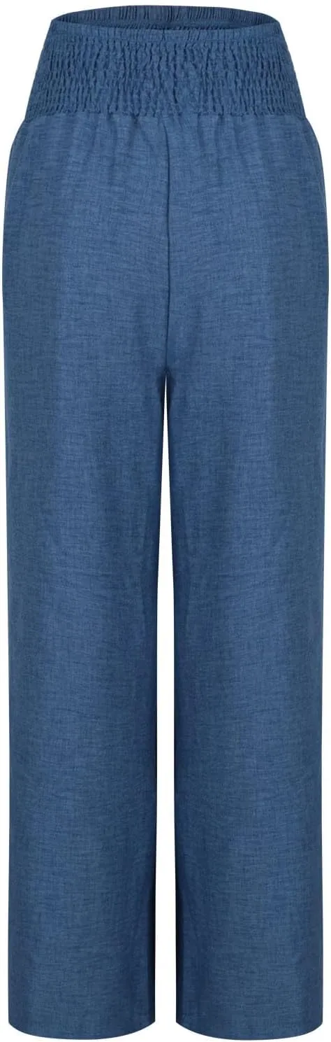 Women Cotton Linen Palazzo Pants High Waist Wide Leg Pants Summer Casual Joggers Elastic Waist Trousers
