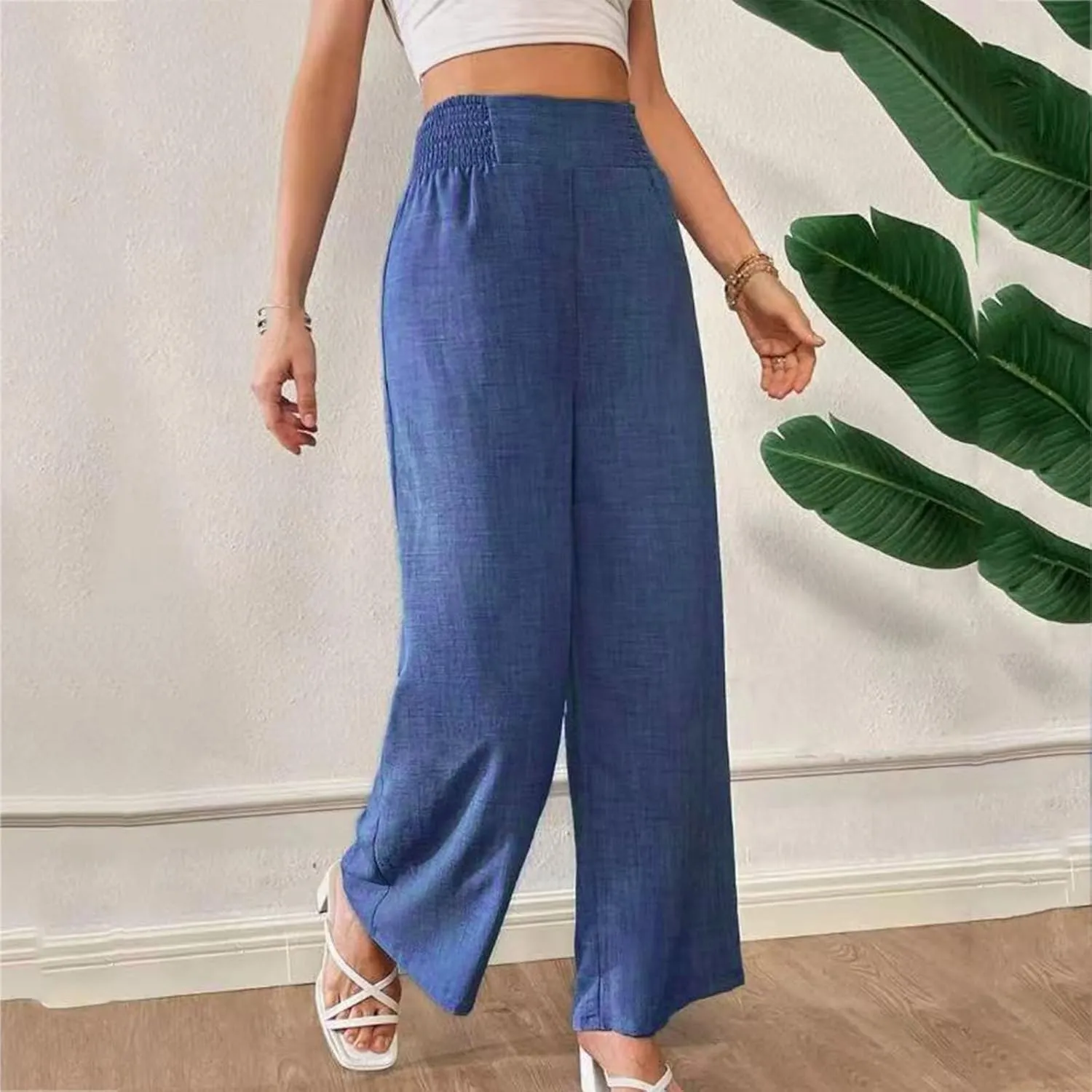 Women Cotton Linen Palazzo Pants High Waist Wide Leg Pants Summer Casual Joggers Elastic Waist Trousers
