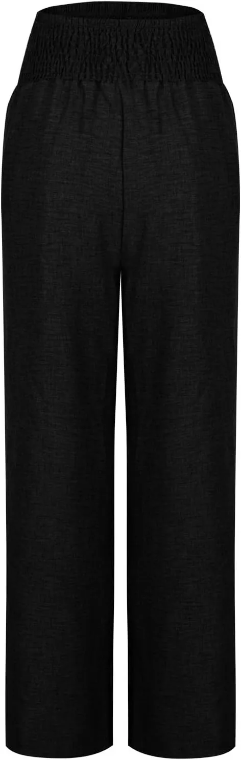 Women Cotton Linen Palazzo Pants High Waist Wide Leg Pants Summer Casual Joggers Elastic Waist Trousers