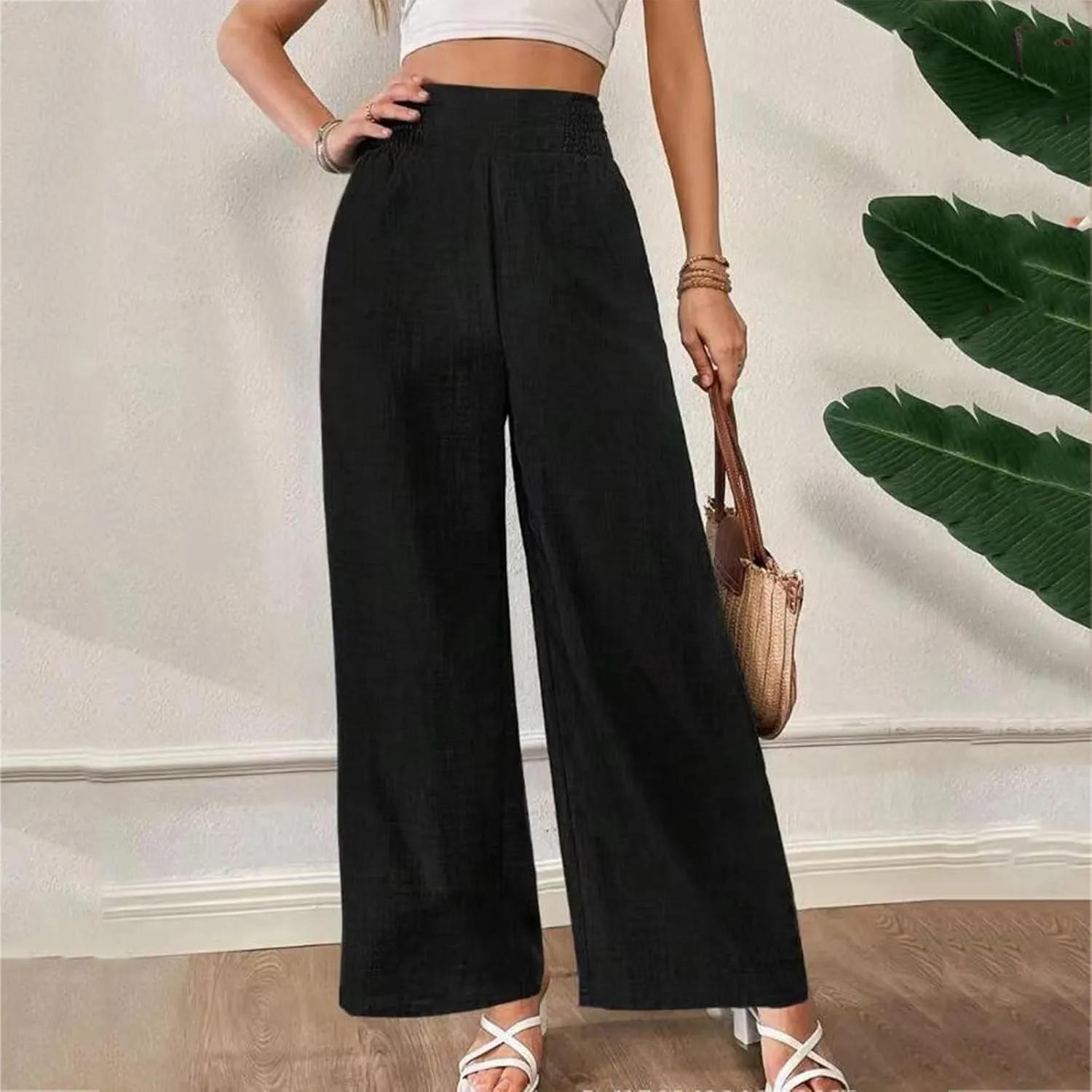 Women Cotton Linen Palazzo Pants High Waist Wide Leg Pants Summer Casual Joggers Elastic Waist Trousers