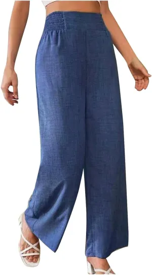 Women Cotton Linen Palazzo Pants High Waist Wide Leg Pants Summer Casual Joggers Elastic Waist Trousers
