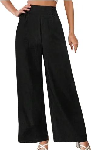 Women Cotton Linen Palazzo Pants High Waist Wide Leg Pants Summer Casual Joggers Elastic Waist Trousers