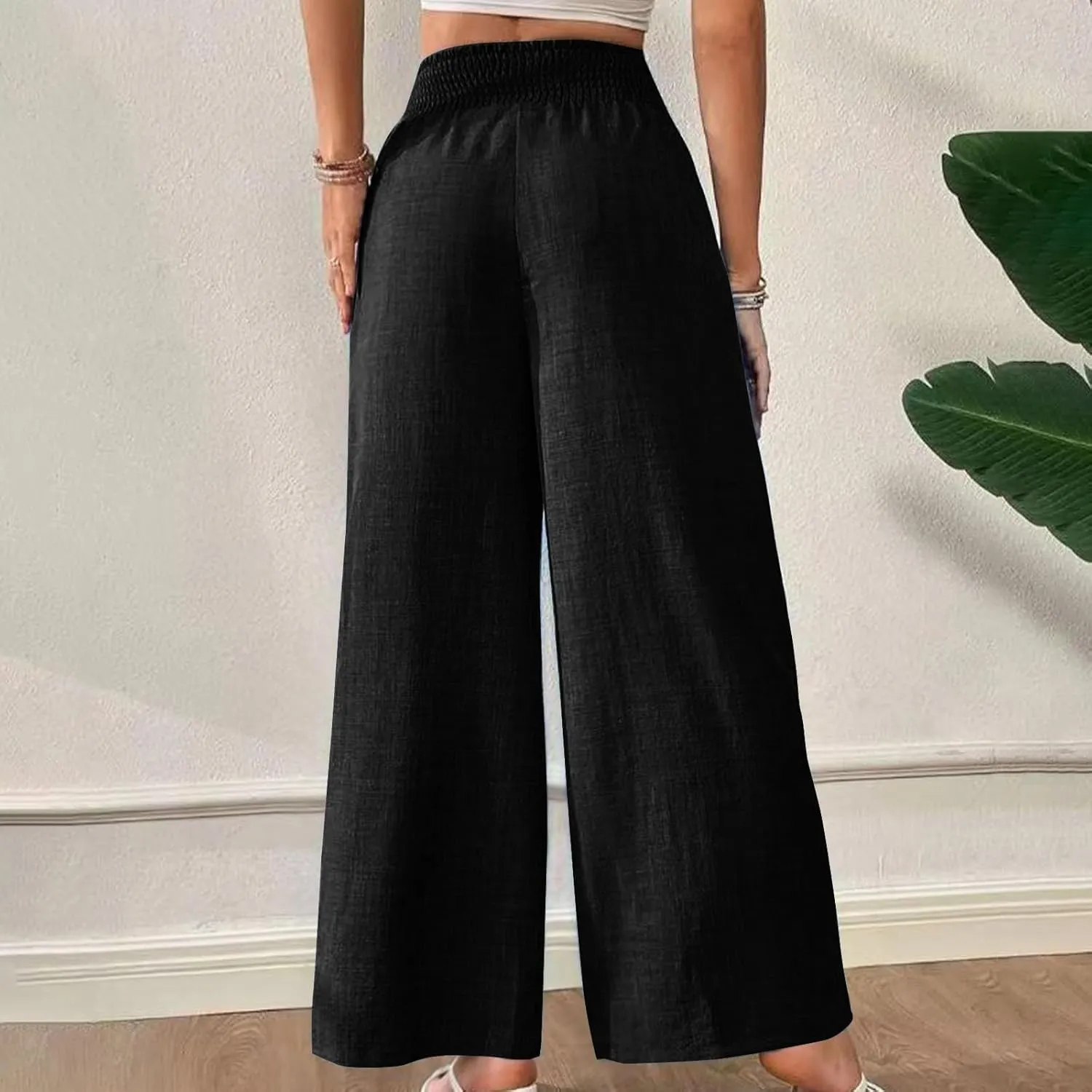Women Cotton Linen Palazzo Pants High Waist Wide Leg Pants Summer Casual Joggers Elastic Waist Trousers