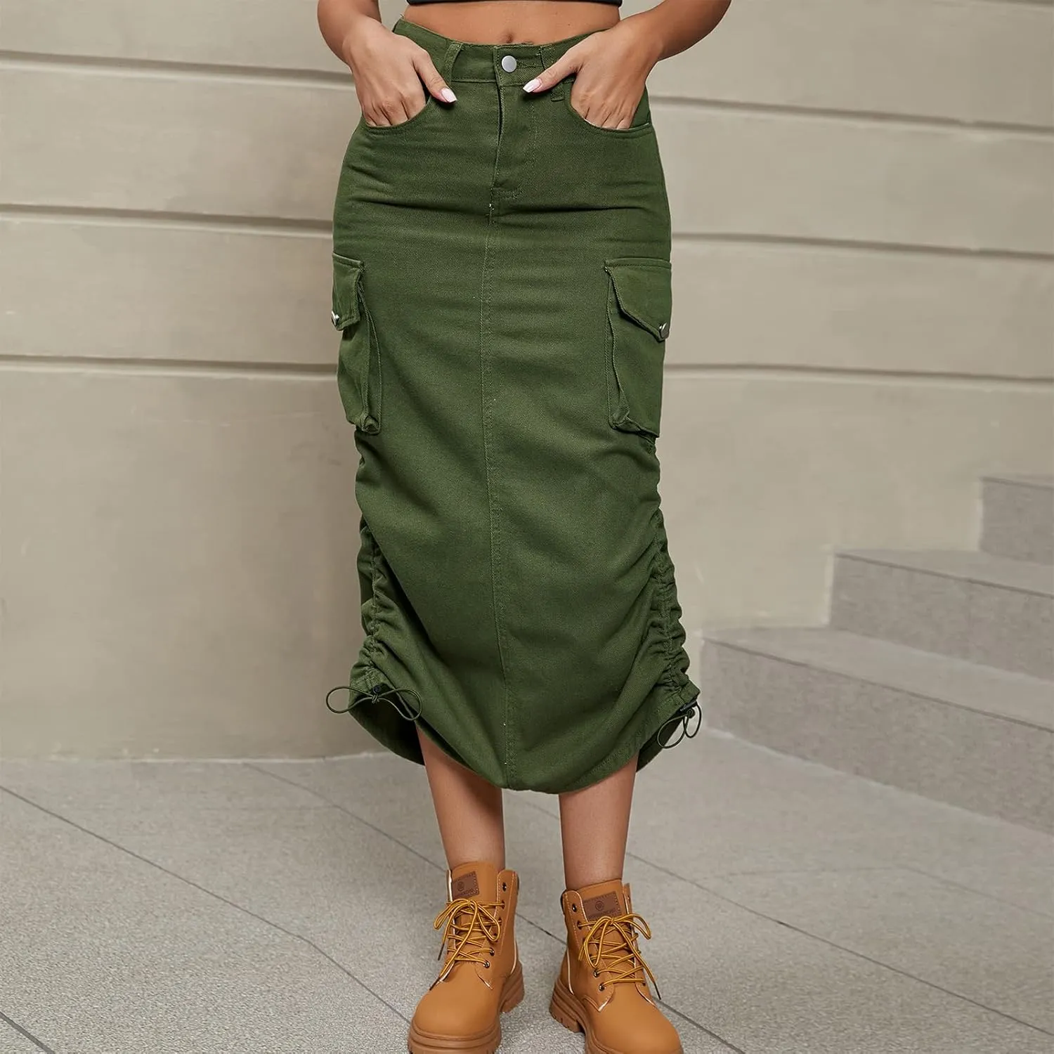 Women Denim Cargo Long Skirts High Waisted Pencil Skirt Midi Length Jean Skirt with Cargo Pockets