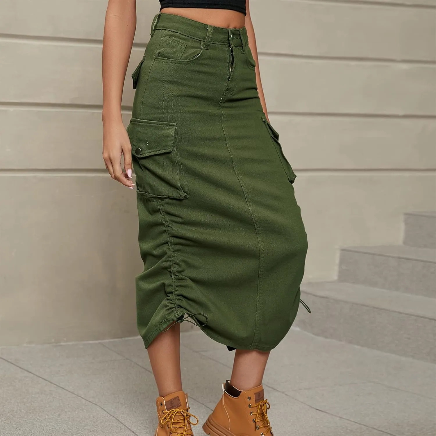 Women Denim Cargo Long Skirts High Waisted Pencil Skirt Midi Length Jean Skirt with Cargo Pockets