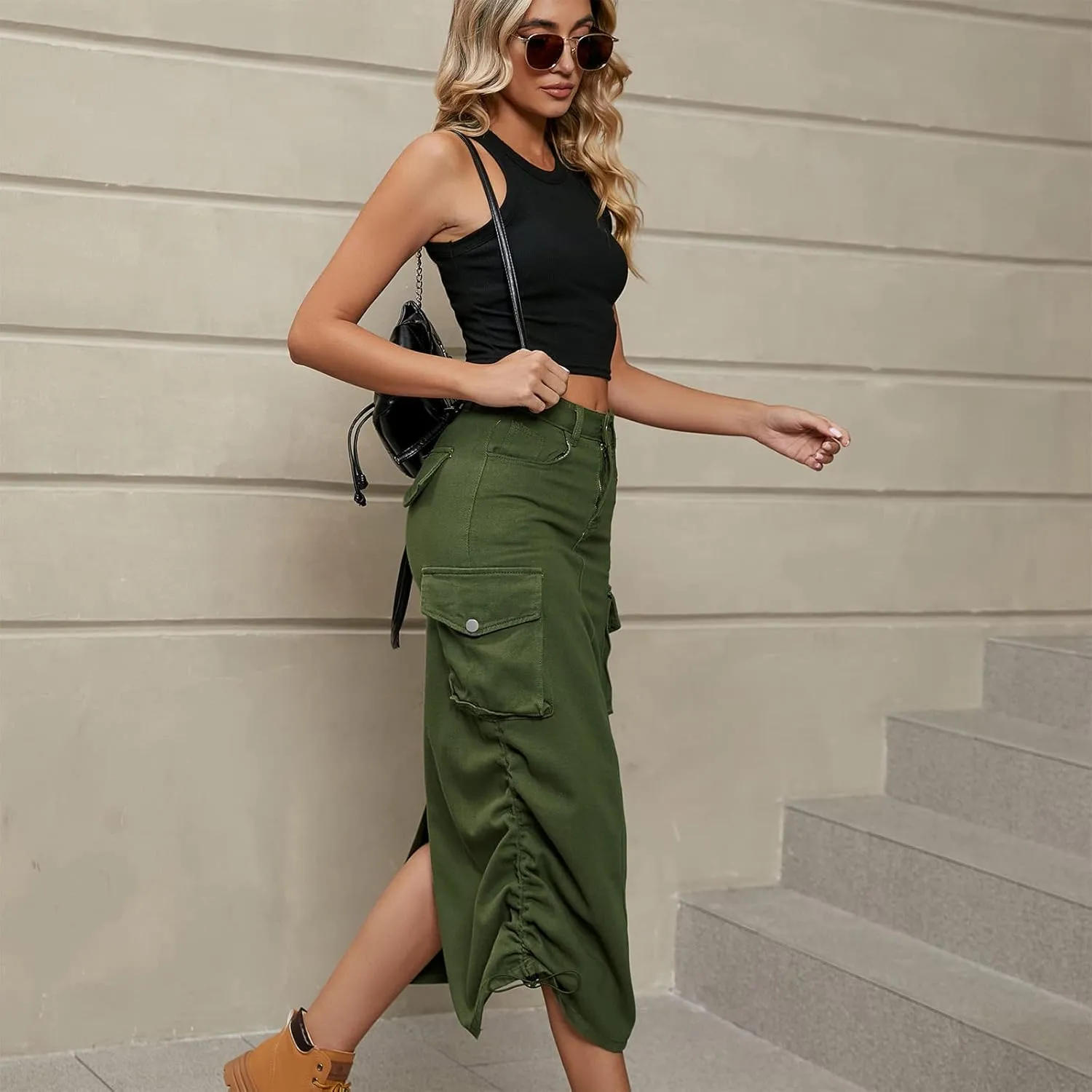 Women Denim Cargo Long Skirts High Waisted Pencil Skirt Midi Length Jean Skirt with Cargo Pockets