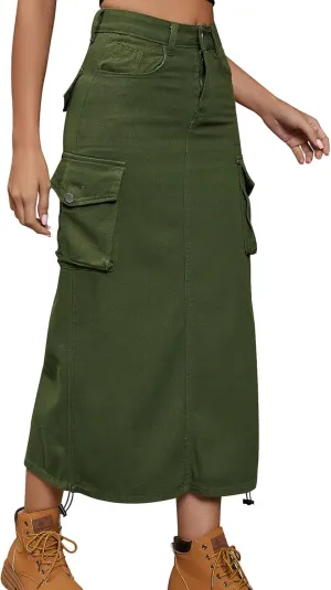 Women Denim Cargo Long Skirts High Waisted Pencil Skirt Midi Length Jean Skirt with Cargo Pockets