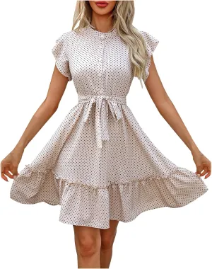Women Floral Mini Dress Sexy V Neck Ruffle Sleeve Polka Dot Summer Dresses Summer Swiss Dot Flowy Short Mini Sundress