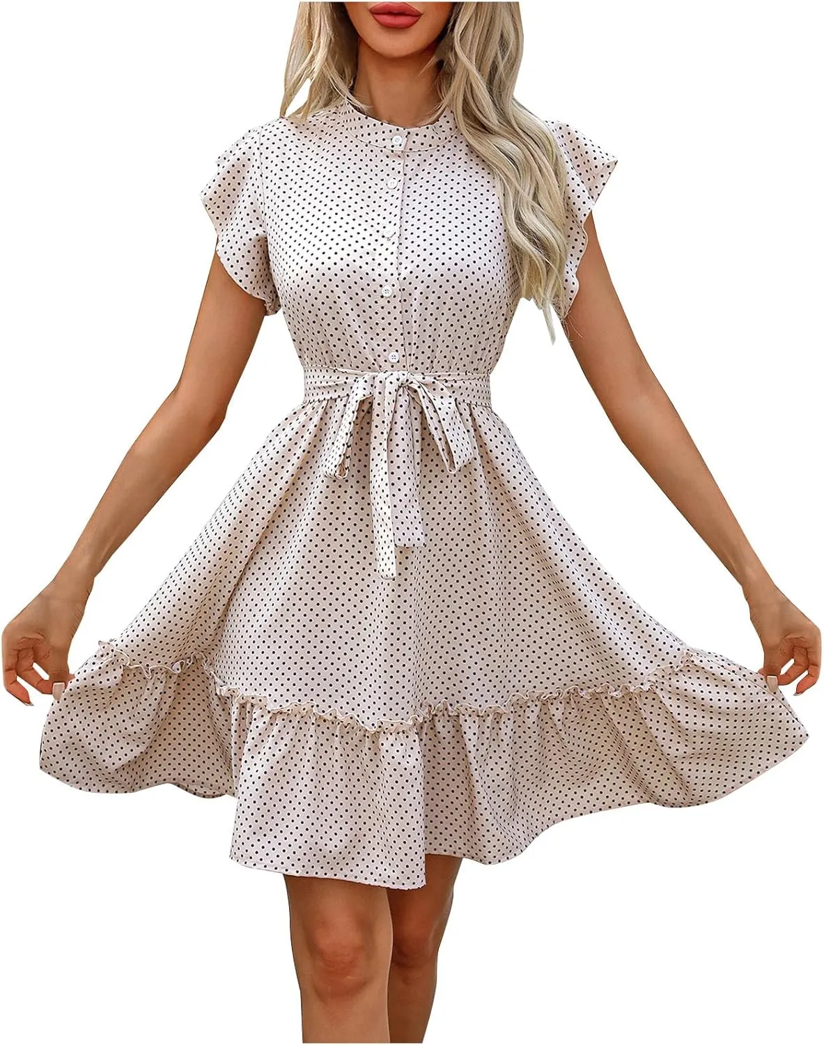 Women Floral Mini Dress Sexy V Neck Ruffle Sleeve Polka Dot Summer Dresses Summer Swiss Dot Flowy Short Mini Sundress