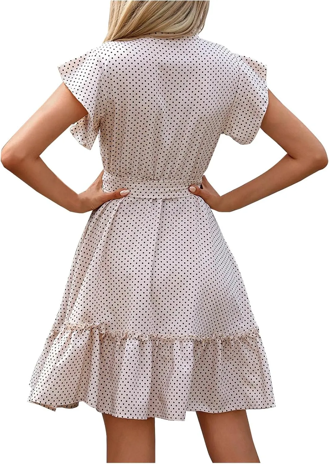 Women Floral Mini Dress Sexy V Neck Ruffle Sleeve Polka Dot Summer Dresses Summer Swiss Dot Flowy Short Mini Sundress