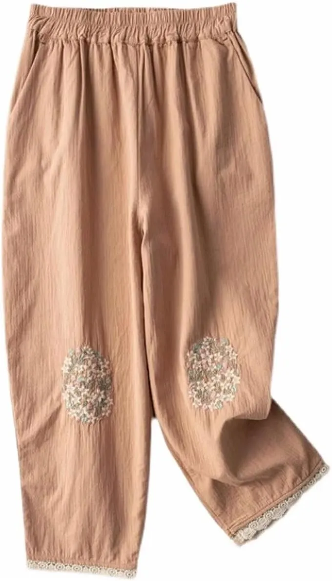 Women Flower Embroidery Casual Trousers Vintage Loose Slim Lace Wide Leg Harem Pants