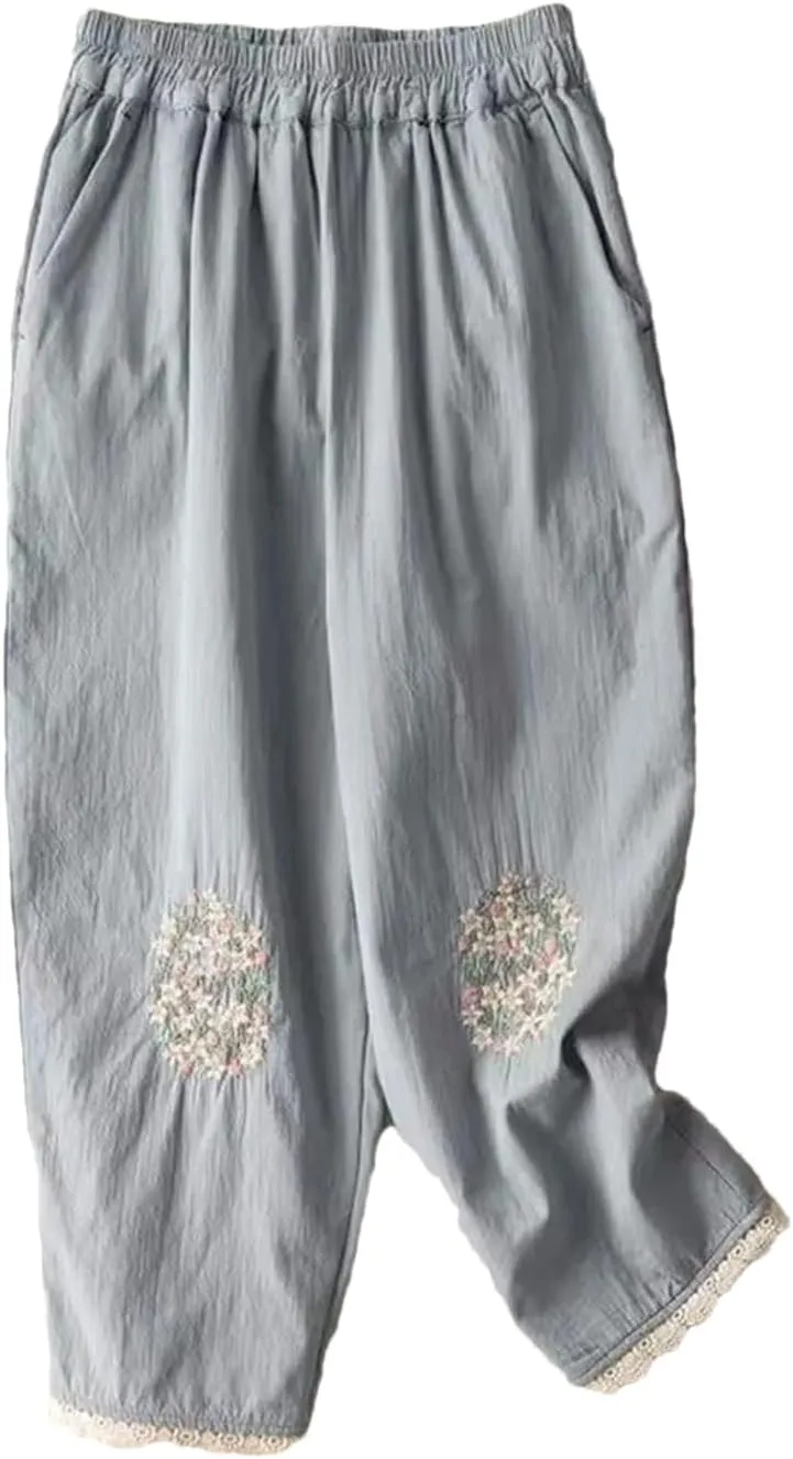 Women Flower Embroidery Casual Trousers Vintage Loose Slim Lace Wide Leg Harem Pants