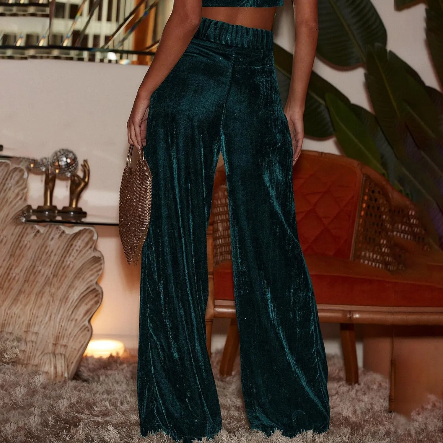 Women Golden Velvet Wide Leg Pants Casual Solid Color Loose Pants High Waist Trousers