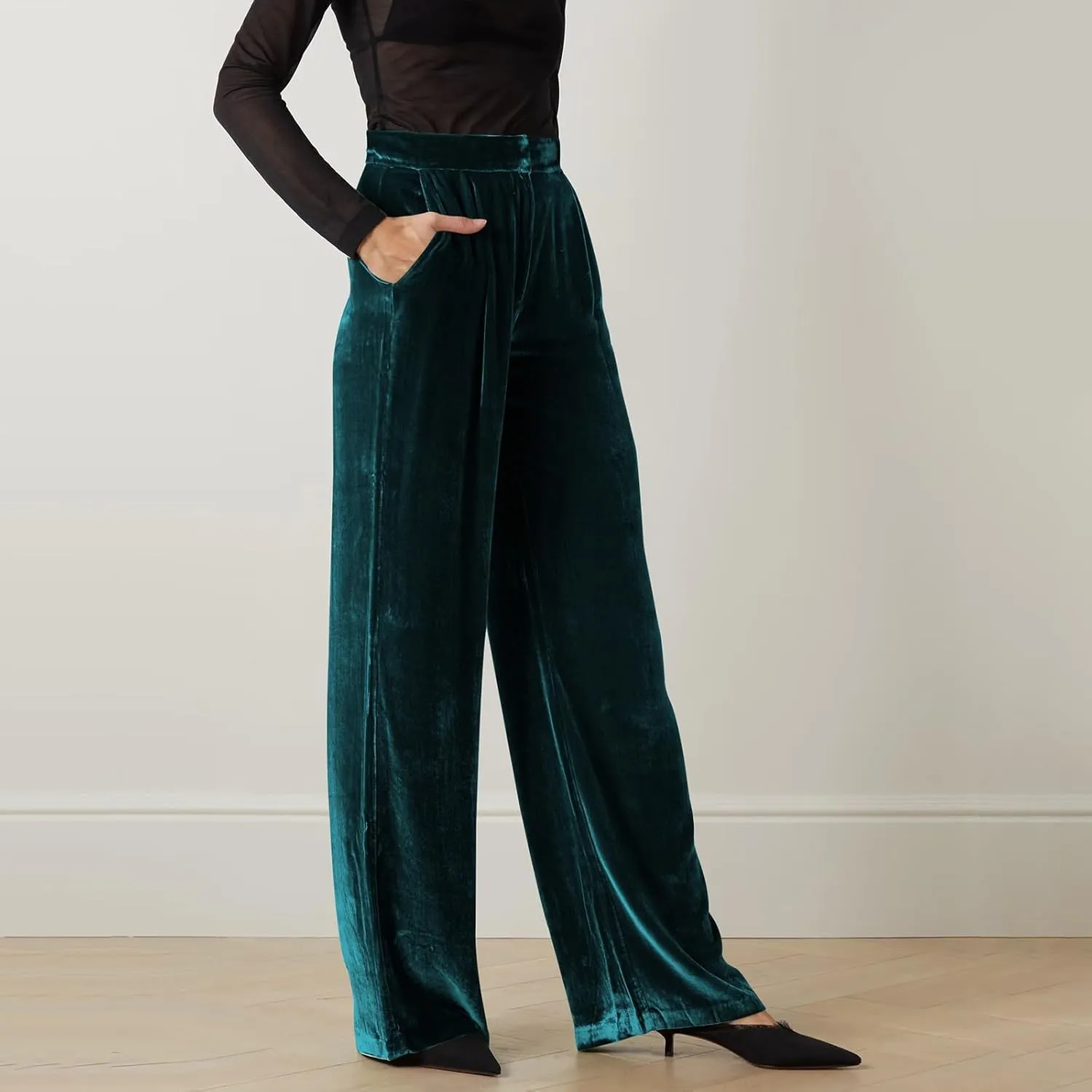 Women Golden Velvet Wide Leg Pants Casual Solid Color Loose Pants High Waist Trousers