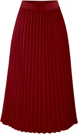 Women High Elastic Waist Pleated Chiffon Skirt Midi Swing Flare Casual A-line Skirts Pleated Midi Skirts for Women