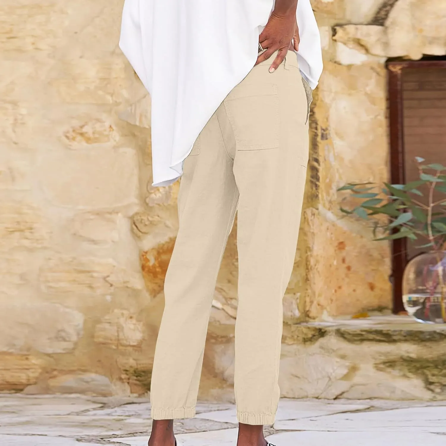 Women Linen Capris Pants 2025 Summer Casual Pant Vacation Bermuda Pants Palazzo Trousers with Pockets