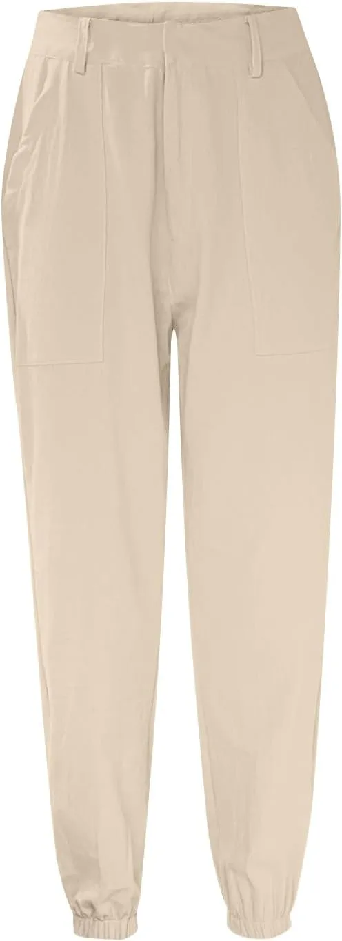 Women Linen Capris Pants 2025 Summer Casual Pant Vacation Bermuda Pants Palazzo Trousers with Pockets
