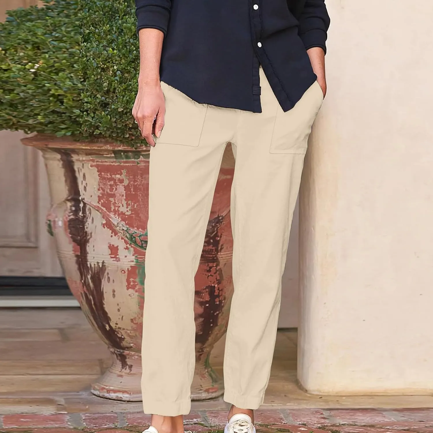 Women Linen Capris Pants 2025 Summer Casual Pant Vacation Bermuda Pants Palazzo Trousers with Pockets