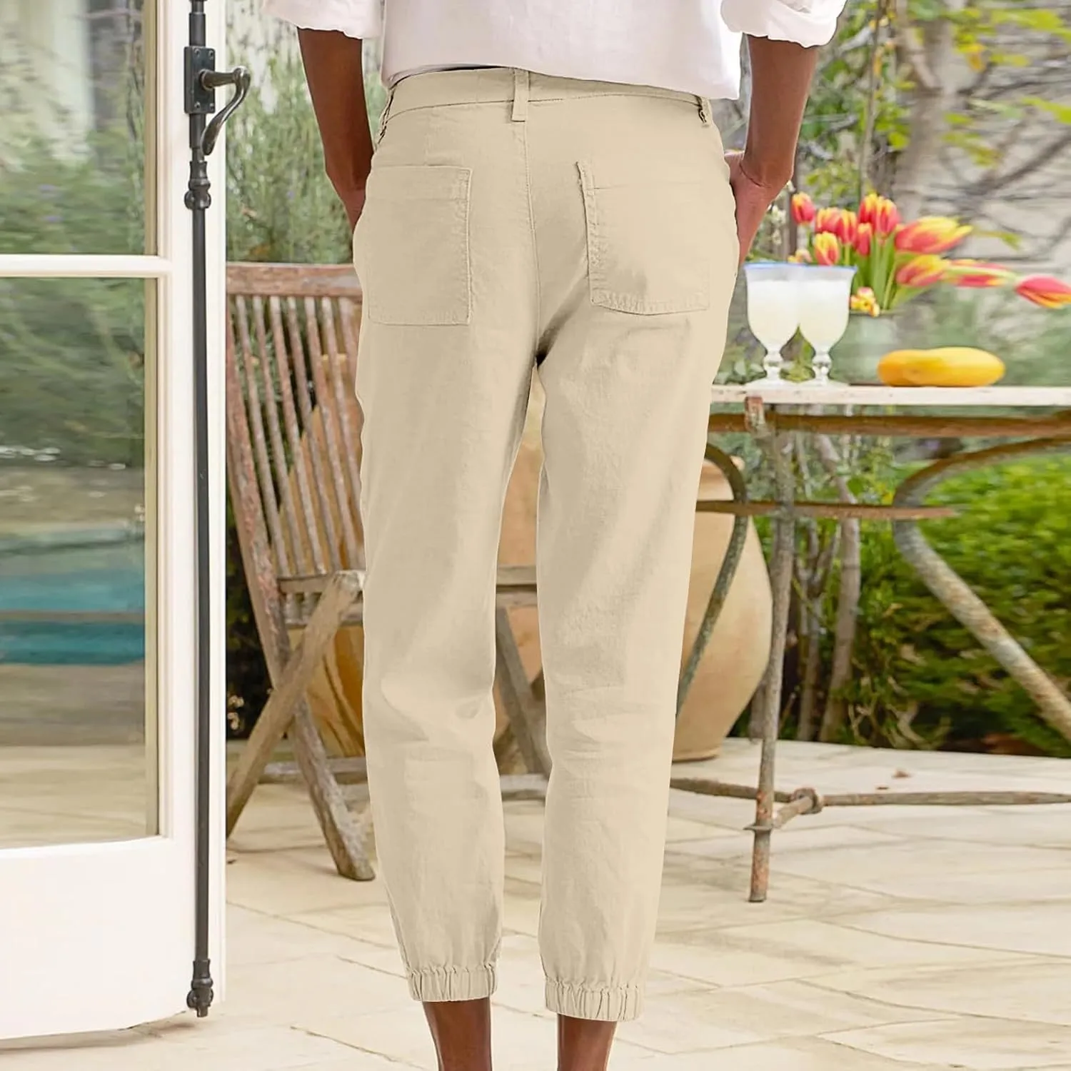 Women Linen Capris Pants 2025 Summer Casual Pant Vacation Bermuda Pants Palazzo Trousers with Pockets