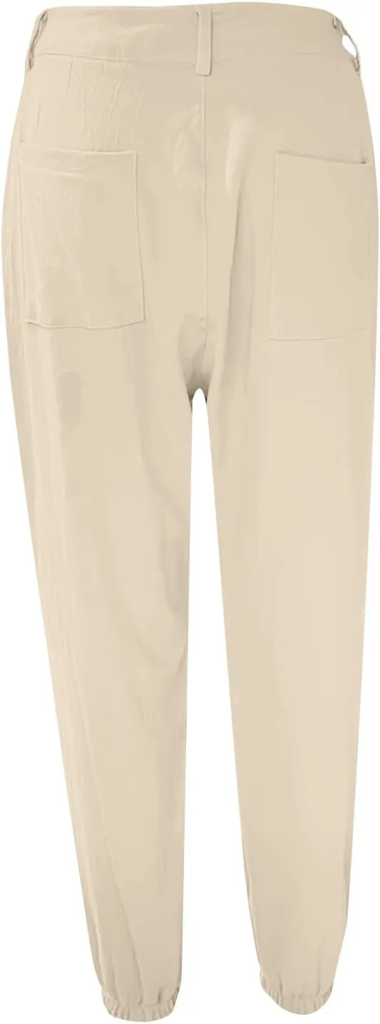 Women Linen Capris Pants 2025 Summer Casual Pant Vacation Bermuda Pants Palazzo Trousers with Pockets