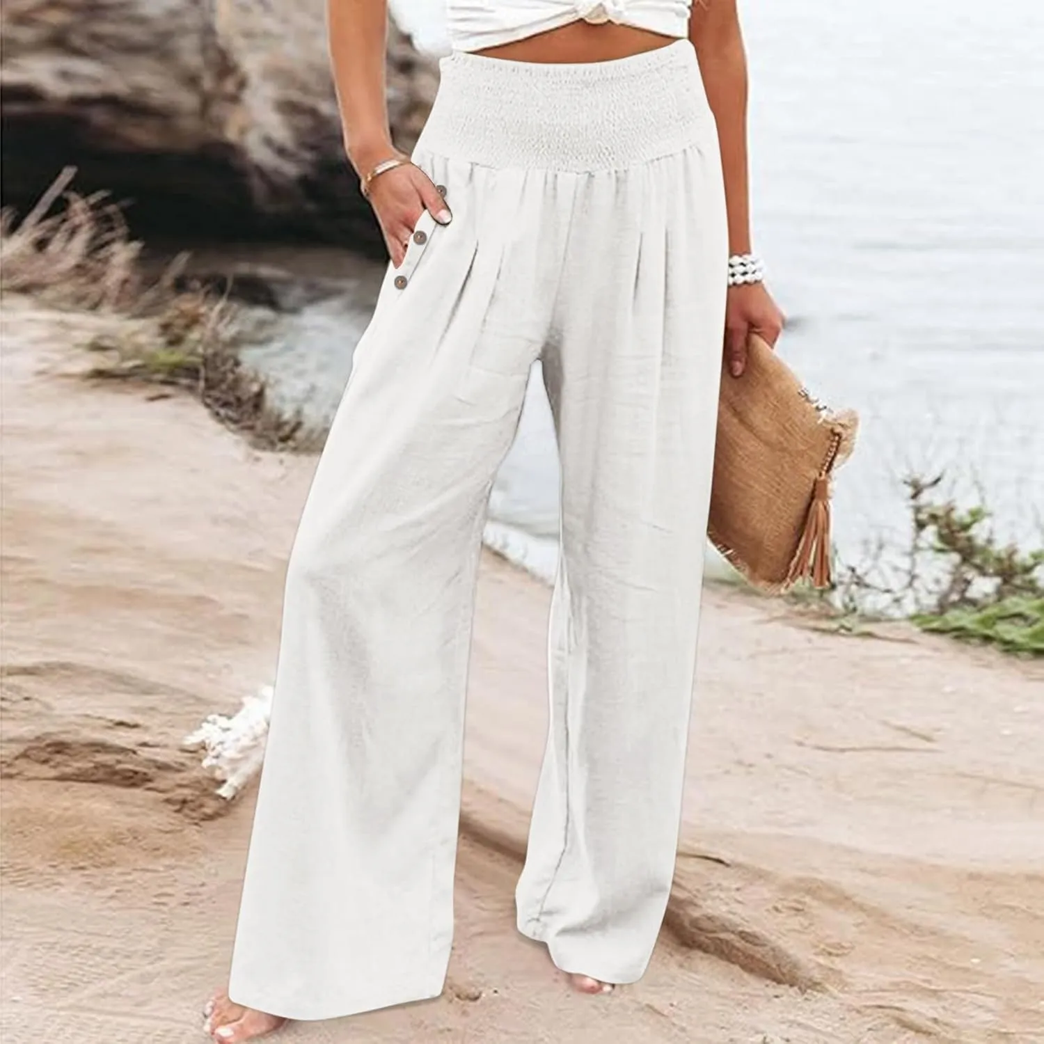 Women Linen Palazzo Pant Summer Boho Pants High Waist Pants Wide Leg Pants Cotton Flowy Trousers with Pocket