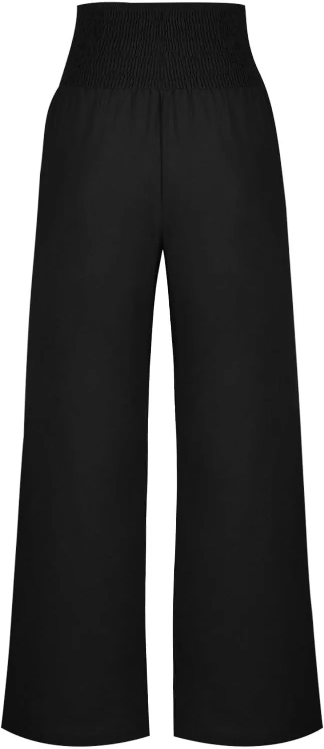 Women Linen Palazzo Pant Summer Boho Pants High Waist Pants Wide Leg Pants Cotton Flowy Trousers with Pocket