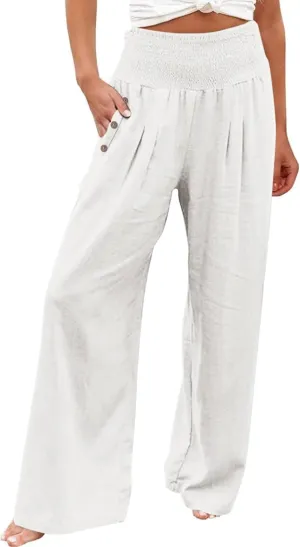 Women Linen Palazzo Pant Summer Boho Pants High Waist Pants Wide Leg Pants Cotton Flowy Trousers with Pocket