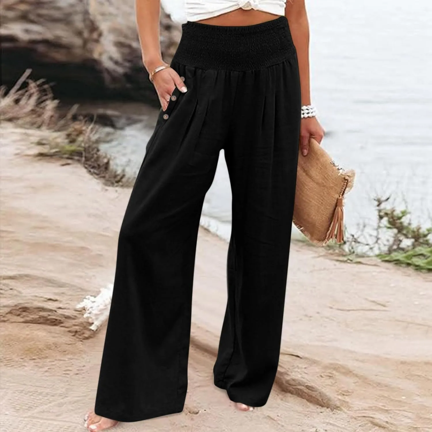 Women Linen Palazzo Pant Summer Boho Pants High Waist Pants Wide Leg Pants Cotton Flowy Trousers with Pocket
