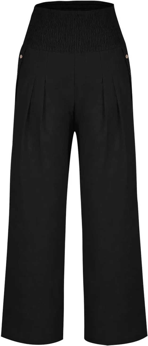 Women Linen Palazzo Pant Summer Boho Pants High Waist Pants Wide Leg Pants Cotton Flowy Trousers with Pocket