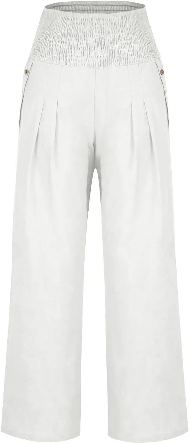 Women Linen Palazzo Pant Summer Boho Pants High Waist Pants Wide Leg Pants Cotton Flowy Trousers with Pocket