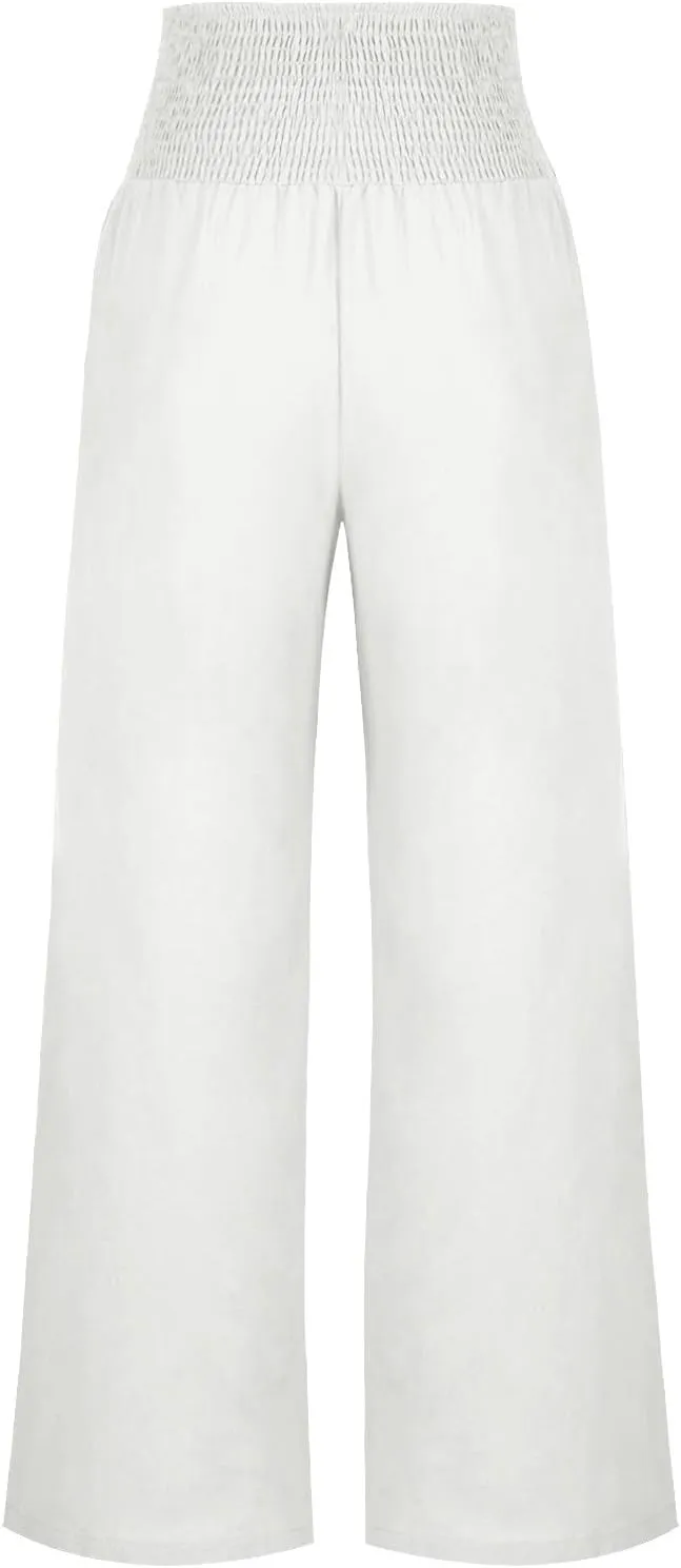 Women Linen Palazzo Pant Summer Boho Pants High Waist Pants Wide Leg Pants Cotton Flowy Trousers with Pocket