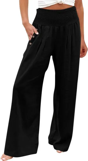 Women Linen Palazzo Pant Summer Boho Pants High Waist Pants Wide Leg Pants Cotton Flowy Trousers with Pocket