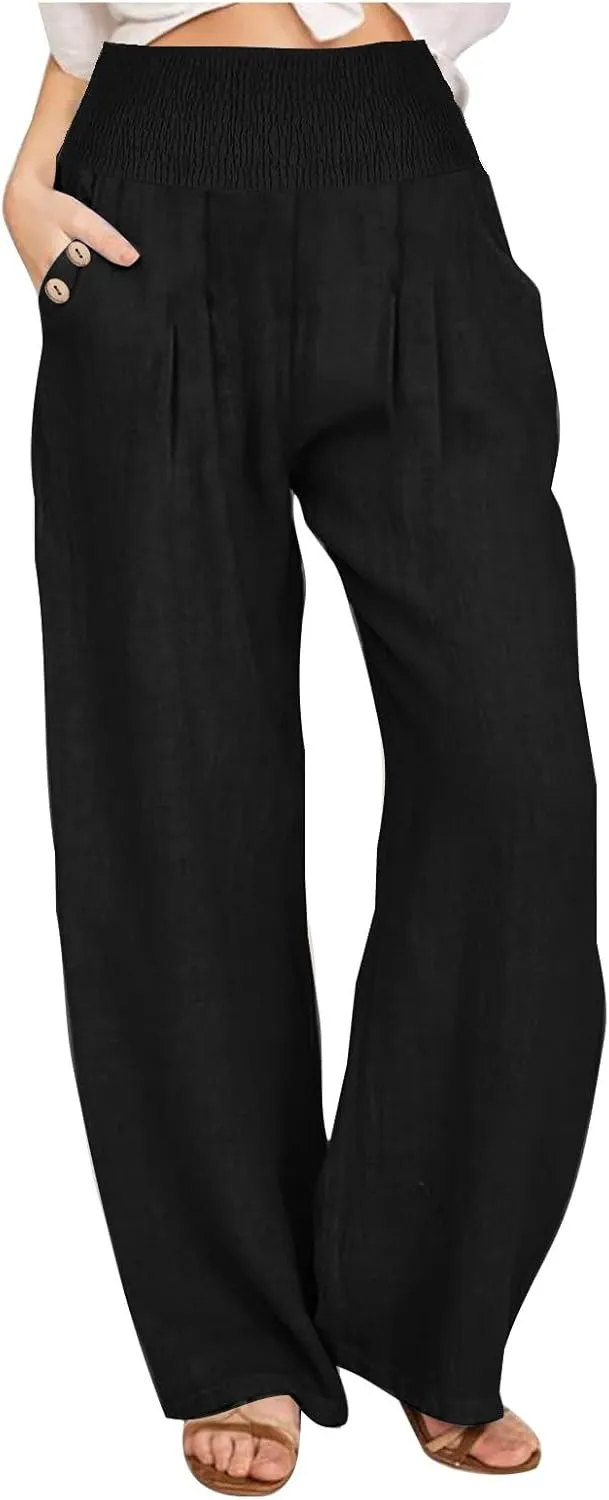Women Linen Palazzo Pant Summer Boho Pants High Waist Pants Wide Leg Pants Cotton Flowy Trousers with Pocket